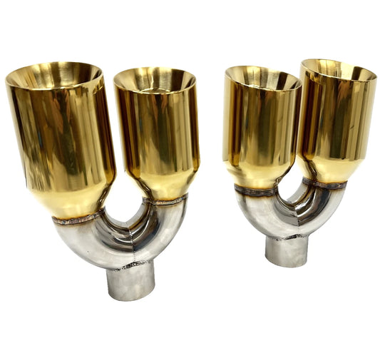 3" Inlet Golden EXHAUST TIPS Quad 4" Outlet STAGGERED Tip PAIR.
