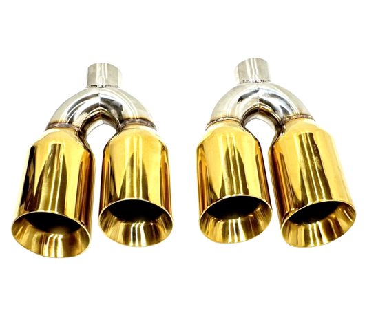 3" Inlet Golden EXHAUST TIPS Quad 4" Outlet STAGGERED Tip PAIR.