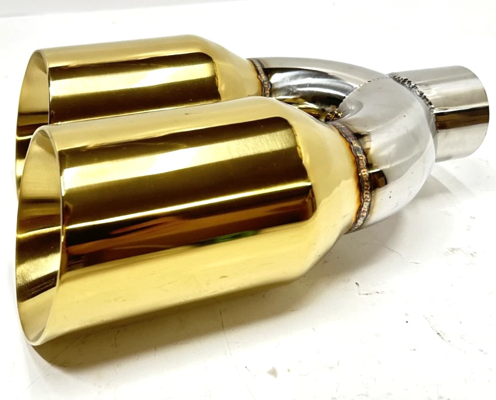 3" Inlet Golden EXHAUST TIPS Quad 4" Outlet STAGGERED Tip PAIR